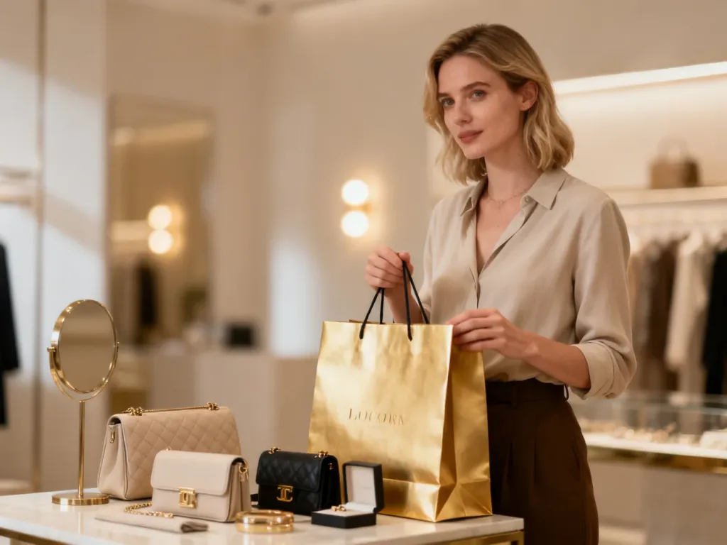 Elegancka kobieta z torbą zakupową w otoczeniu stylowych przedmiotów, ilustrująca koncepcję niezbędnych produktów typu must-have.