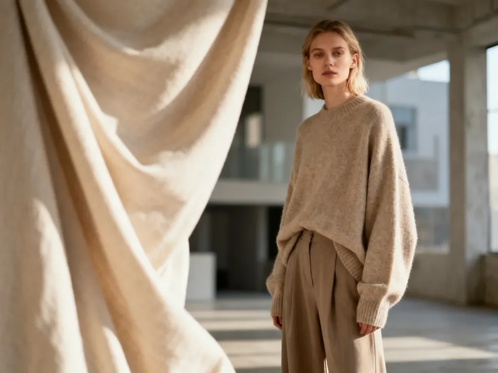 Kobieta w beżowym swetrze typu oversize i szerokich spodniach, prezentująca stylizację loose fit w minimalistycznym wnętrzu.