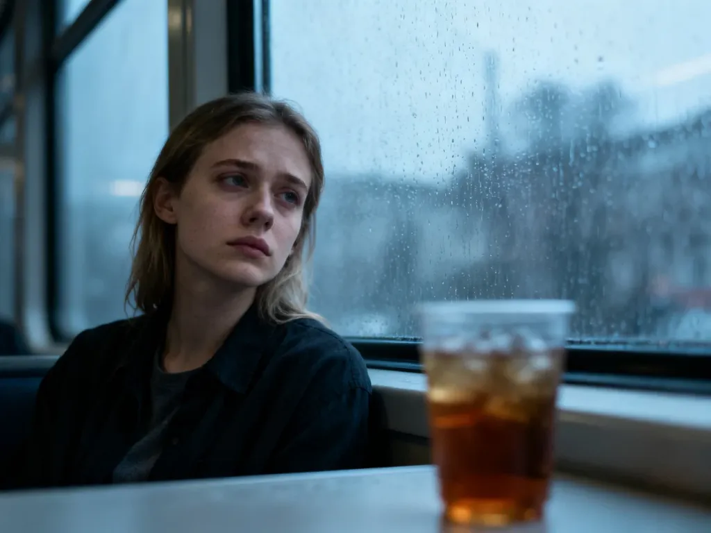 Młoda kobieta patrząca w okno w deszczowy dzień, wyrażająca apatię i melancholię.